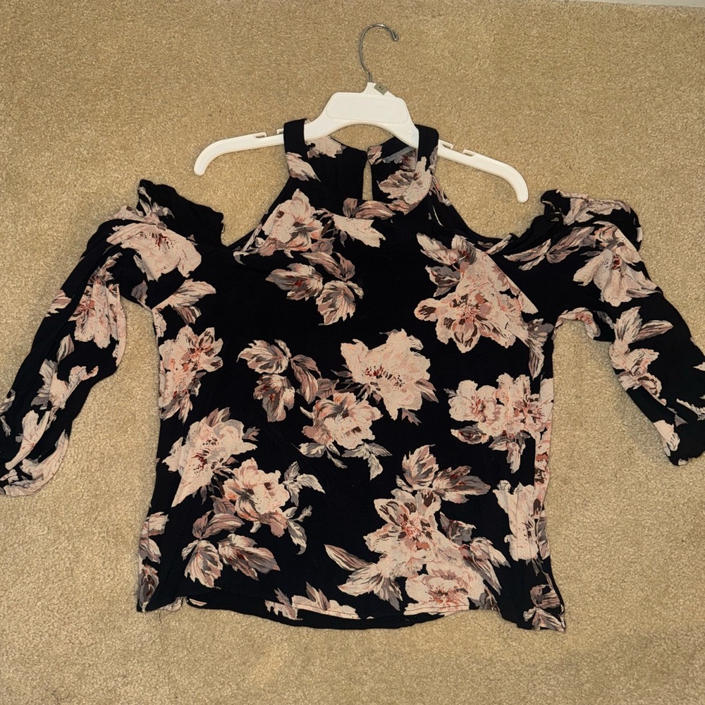 Charlotte Russe Floral Cold Shoulder Blouse - Black and Pink